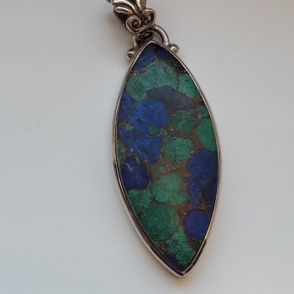 Azurite and Malachite in a Copper Matrix Stone set in sterling silver pendant